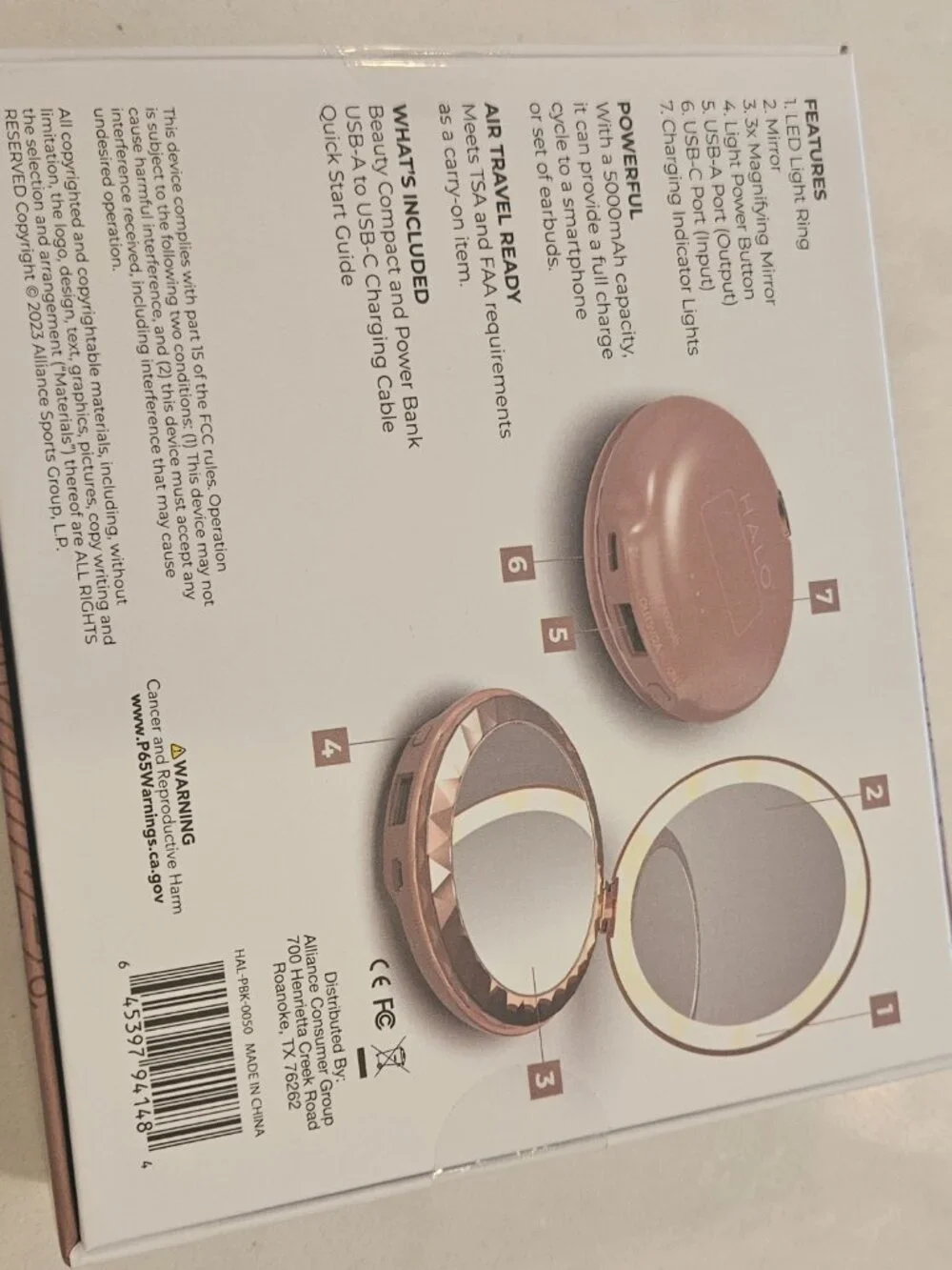 HALO Power Bank 3-in-1 Light Mirror Power Bank Compact w/ Charging Cable - Taupe